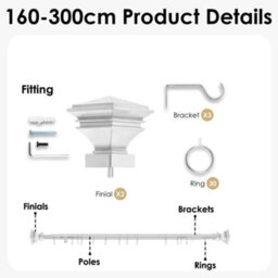 Oxford Homeware Satin Chrome Effect Extendable Curtain Pole With Metal Lamp Finials, (L)1600mm-3000mm (Dia) 28mm - thumbnail 4
