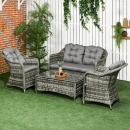 Outsunny 4 Pieces Rattan Sofa Set Outdoor Conservatory Furniture With Cushions - thumbnail 1