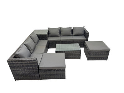 Fimous 8 Seater Garden Outdoor Rattan Furniture Set Patio Corner Sofa Rectangular Coffee Table With Side Table 2 Big Stool - image 1