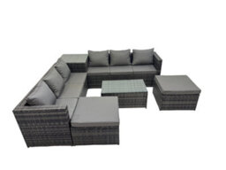 Fimous 8 Seater Garden Outdoor Rattan Furniture Set Patio Corner Sofa Rectangular Coffee Table With Side Table 2 Big Stool - thumbnail 1