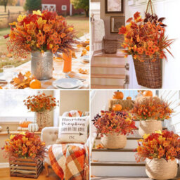 CLEFFNS 16 Bundles 7 Styles Artificial Fall Flowers For Outdoors Fall Decoration Fake Mums Fall Plants Orange Maples Leaf Picks For Autumn - thumbnail 4