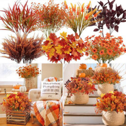 CLEFFNS 16 Bundles 7 Styles Artificial Fall Flowers For Outdoors Fall Decoration Fake Mums Fall Plants Orange Maples Leaf Picks For Autumn - thumbnail 1