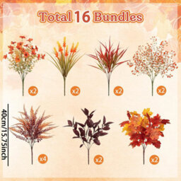 CLEFFNS 16 Bundles 7 Styles Artificial Fall Flowers For Outdoors Fall Decoration Fake Mums Fall Plants Orange Maples Leaf Picks For Autumn - thumbnail 2