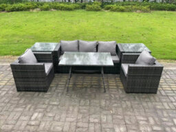 Fimous 5 Seater Rattan Outdoor Furniture Garden Dining Set With Oblong Dining Table 2 Armchairs 2 Side Tables - thumbnail 1