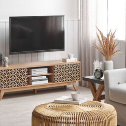 Wyld and Coco Sablon Tv Stand - Light Brown Laminated Mdf, Ornamented Doors, Cable Management, W140 X D40 X H45Cm - thumbnail 2