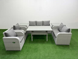 Fimous Pe Rattan Garden Furniture Set Reclining Chair Sofa Double Love Seat 2 Seater Sofa Lounge Set 2 Side Table Light Grey - thumbnail 2