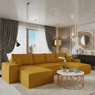 Malaga U Mdf Corner Sofa Bed With Dl Pull Out Seat Storage For Living Room Freestanding Back 370X181X94Cm Mustard Corduroy - image 1