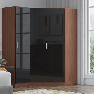 Reflect 2Pc Wardrobe Bundle - 2 Door Corner + 1 Door Plain - Black Gloss & Walnut - H: 180Cm X W: 179Cm X D: 103Cm - image 1