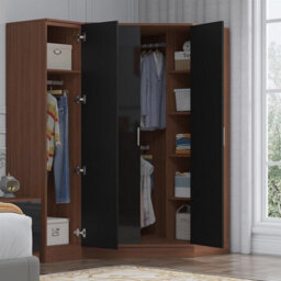 Reflect 2Pc Wardrobe Bundle - 2 Door Corner + 1 Door Plain - Black Gloss & Walnut - H: 180Cm X W: 179Cm X D: 103Cm - thumbnail 4