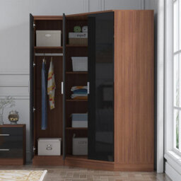 Reflect 2Pc Wardrobe Bundle - 2 Door Corner + 1 Door Plain - Black Gloss & Walnut - H: 180Cm X W: 179Cm X D: 103Cm - thumbnail 2