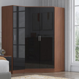 Reflect 2Pc Wardrobe Bundle - 2 Door Corner + 1 Door Plain - Black Gloss & Walnut - H: 180Cm X W: 179Cm X D: 103Cm