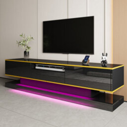 Matteo Modern Black High-Gloss Tv Unit With Colour-Changing Led Lights & 3 Storage Drawers - 180Cm Particle Board - thumbnail 7