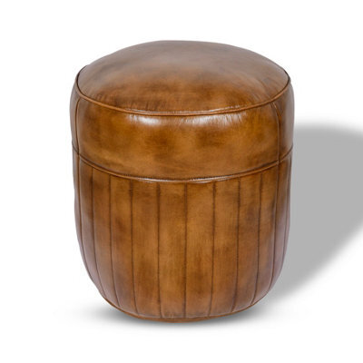 Elm Home And Garden 100% Real Genuine Leather Round Pommel Footstool Ottoman Tan Brown - image 1