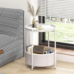 Huhote Stylish Round Side Table With 2 Tiers And Fabric Basket For Small Spaces