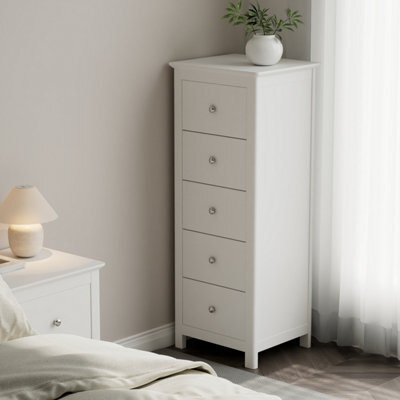 Core Products Nairn White 5 Drawer Tall Narrow Chest Of Drawers - Solid Wood Bedroom Storage 114.2 X 45 X 40Cm - image 1