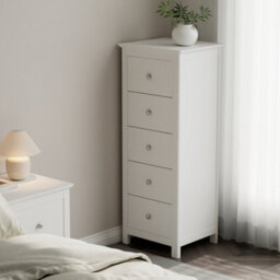 Core Products Nairn White 5 Drawer Tall Narrow Chest Of Drawers - Solid Wood Bedroom Storage 114.2 X 45 X 40Cm