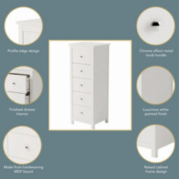 Core Products Nairn White 5 Drawer Tall Narrow Chest Of Drawers - Solid Wood Bedroom Storage 114.2 X 45 X 40Cm - thumbnail 7