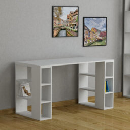 Decortie Colmar Modern Desk With Bookshelf Legs Home Office Working Table White 140Cm - thumbnail 1