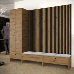 Modular Hallway Furniture Set Balma Vi With Metal Hooks And Decorative Slats Light Grey Panels