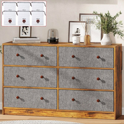 Rustic 6-Drawer Chest Of Drawers With Fabric Storage & Wood Effect Top - Grey & Brown Bedroom Dresser - image 1