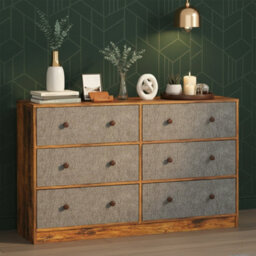 Rustic 6-Drawer Chest Of Drawers With Fabric Storage & Wood Effect Top - Grey & Brown Bedroom Dresser - thumbnail 7