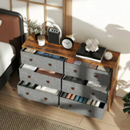 Rustic 6-Drawer Chest Of Drawers With Fabric Storage & Wood Effect Top - Grey & Brown Bedroom Dresser - thumbnail 6