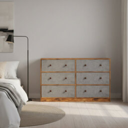 Rustic 6-Drawer Chest Of Drawers With Fabric Storage & Wood Effect Top - Grey & Brown Bedroom Dresser - thumbnail 3