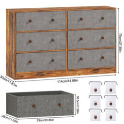 Rustic 6-Drawer Chest Of Drawers With Fabric Storage & Wood Effect Top - Grey & Brown Bedroom Dresser - thumbnail 2