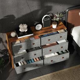 Rustic 6-Drawer Chest Of Drawers With Fabric Storage & Wood Effect Top - Grey & Brown Bedroom Dresser - thumbnail 5