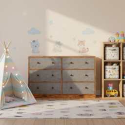Rustic 6-Drawer Chest Of Drawers With Fabric Storage & Wood Effect Top - Grey & Brown Bedroom Dresser - thumbnail 4