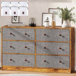 Rustic 6-Drawer Chest Of Drawers With Fabric Storage & Wood Effect Top - Grey & Brown Bedroom Dresser