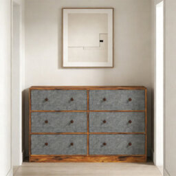 Rustic 6-Drawer Chest Of Drawers With Fabric Storage & Wood Effect Top - Grey & Brown Bedroom Dresser - thumbnail 8