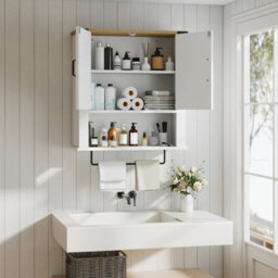 Gainoom Bathroom White Wall Cabinet Farmhouse Medicine Cabinet With Towel Bar - thumbnail 8