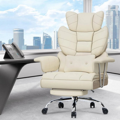 Beige Pu Recliner Executive Office Chair Computer Swivel Chair For Home With Footrest - image 1