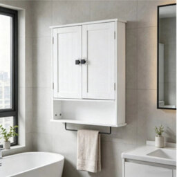 Bathroom Cupboard Cabinet 2 Doors Kitchen Wall Cabinet With Metal Towel Bar - thumbnail 5