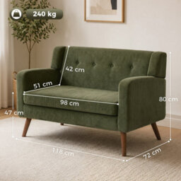 Dark Green 2 Seater Sofa 118 Cm Corduroy Small Loveseat Sofa With Spring Cushion - thumbnail 2