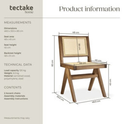 Tectake Set Of 2 Accent Chair Lizzy With Mid-Century Modern Design, Rattan Backrest And Solid Wood Frame  - Light Oak - thumbnail 6