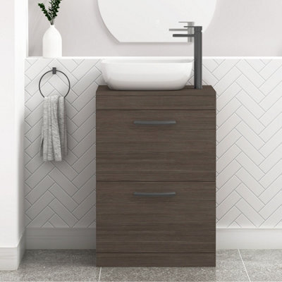 Royal Bathrooms 600mm Grey Elm 2 Drawer Free Standing Bathroom Vanity Unit With Basin & Elva Countertop Sink With Matt Black Handle - image 1