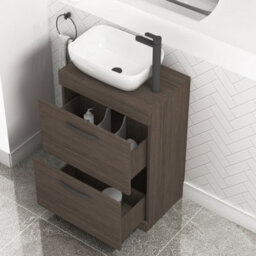 Royal Bathrooms 600mm Grey Elm 2 Drawer Free Standing Bathroom Vanity Unit With Basin & Elva Countertop Sink With Matt Black Handle - thumbnail 3