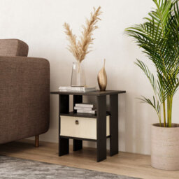 Urbn-Living Urbnliving 40Cm Height 2 Tier Black Wooden Table Bedside Nightstand 1 Cream Drawer Side End