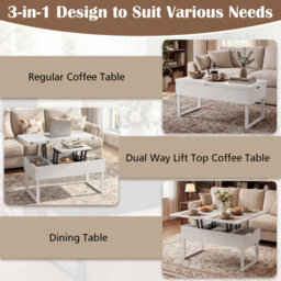 Gainoom Lift Top Coffee Table 3-In-1 Convertible Coffee Table W/ 3 Hidden Storage Compartments White - thumbnail 8
