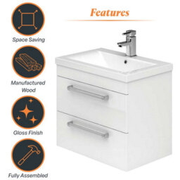 Plum&clay Novela Gloss White Wall Hung Vanity Unit With Ceramic Basin Bathroom Furniture (W)515mm - thumbnail 6