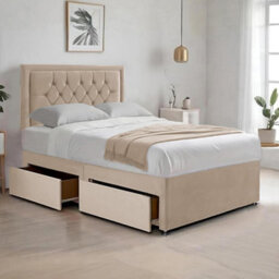 Cream Plush 6Ft Super King Size Bed With Matttress  2 Storage Drawers And 20 Inch Borderd Headboard - thumbnail 1