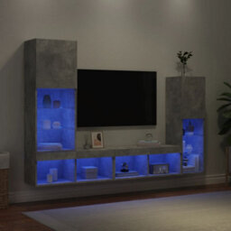 Berkfield 4 Piece Tv Wall Units With Led Concrete Grey Engineered Wood - thumbnail 1