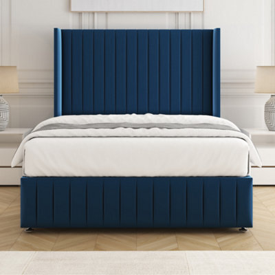 Bsspoke Luna Divan Bed Set Blue Plush Velvet 54Inch Wingedback Headboard & Footboard & Mattress No Drawers In All Sizes - image 1