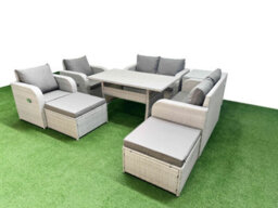 Fimous 8 Seater Outdoor Reclining Chair Love Sofa Set Rattan Garden Furniture Set 2 Big Footstools Side Table Light Grey - thumbnail 1