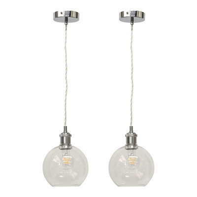 First Choice Lighting Set Of 2 Barnum - Clear Glass Globe Chrome Retro Pendant Fittings - image 1
