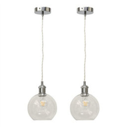 First Choice Lighting Set Of 2 Barnum - Clear Glass Globe Chrome Retro Pendant Fittings - thumbnail 1