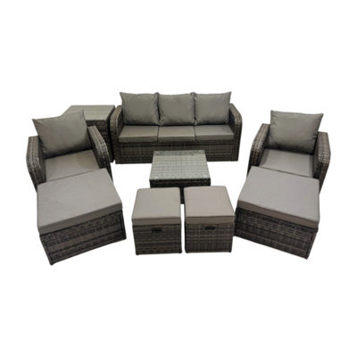 Fimous 3 Seater Sofa Reclining Chair Coffee Table Set Rattan Garden Outdoor Furniture Set With Side Table 4 Stools Dark Grey Mixed - image 1