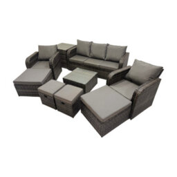 Fimous 3 Seater Sofa Reclining Chair Coffee Table Set Rattan Garden Outdoor Furniture Set With Side Table 4 Stools Dark Grey Mixed - thumbnail 2